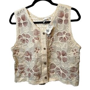 Vest S M Crochet Knit The Commons Beige Floral Pansy Sheer Button
